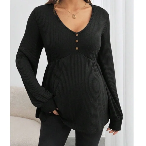 Maternity Solid V neck Button Detail Long Sleeve Top